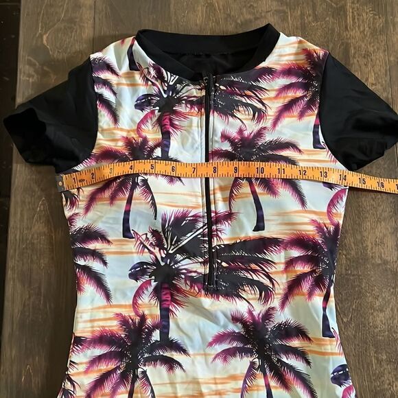 Tropical Palm Tree Prints One Piece Swimsuit Zipper Front Swimwear Small - Picture 12 of 15